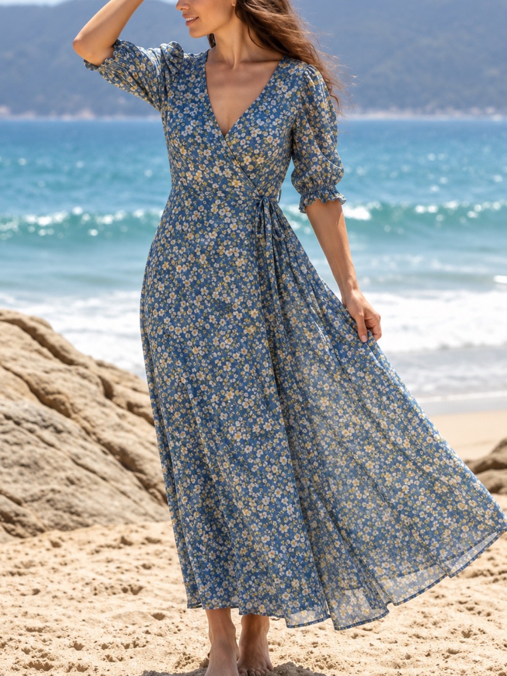 Natural Life Blue Floral Boho Wrap Maxi Dress Size Small Cottagecore